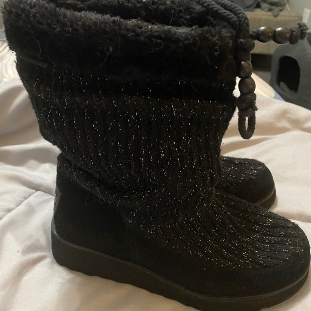 Black Silver SKECHERS Australia Faux Fur Suede Snow Winter BOOTS Womens 6M